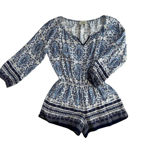 Elevenses Anthropologie Basia Romper Blue and White Boho Style Size XL - Picture 1 of 11